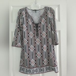 White House Black Market Tunic Blouse Funky Psychedelic,Size XS Woman,Red,Peach